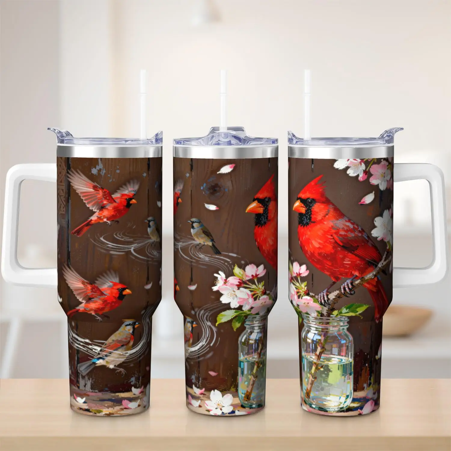 1ps Northern Cardinal Handle Cup Set with Straw | Maximum Capacity 40 Oz, Inner Layer 304 Stainless Steel, Outer Layer 201 Stainless Steel, Seamless Inner Liner, Lid Made of PC Material, Suitable for Home, Office, Outdoor, Sports, and Car Use