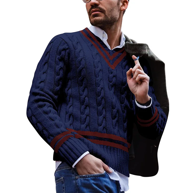 

European and American V-Neck Sweater for Men, Striped Color-Blocking Knitted Sweater, Fashionable Sweater in Autumn and Winter