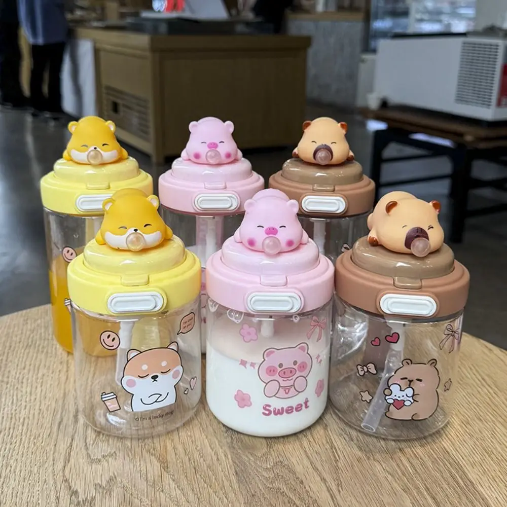 Spit Bubble Capybara Water Bottles Cute 450/600ML Cartoon Plastic Cup with Lid Straw Straw Cup Capybara Drinking Bottle