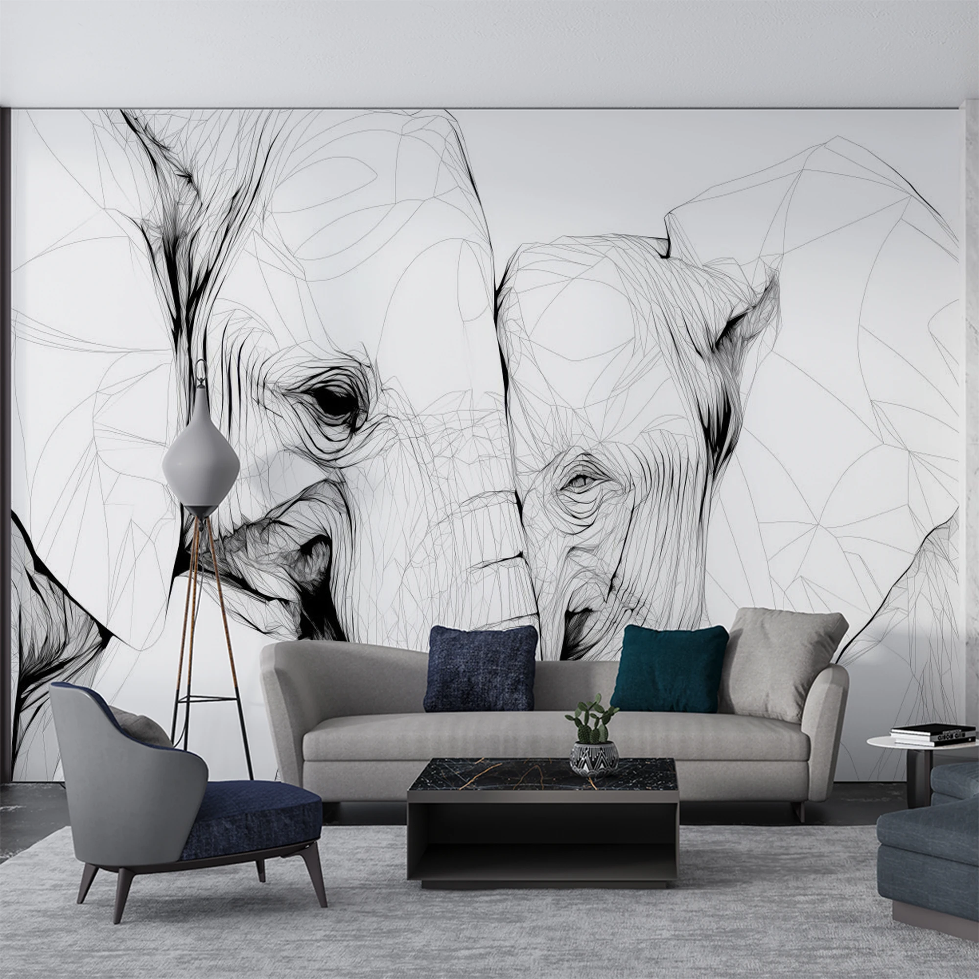 Custom Mural Wallpaper Black White Line Art Elephant Mother and Baby Wall Mural, Minimalist Animal Wall Decor for Living Room