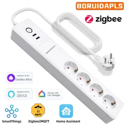 BORUIDAPLS EU Zigbee  Smart Power Board Independent Control Timing Voice Socket Plug 220V Works With Google Home Alexa H-ue 16A