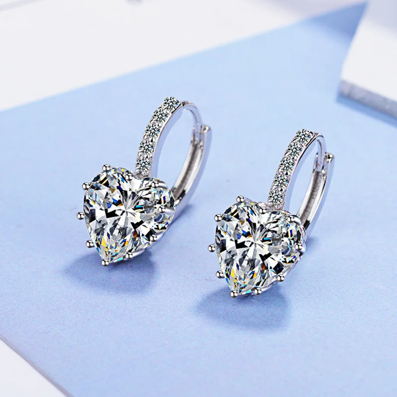 

New 925 Sterling Silver Earrings Heart 5A Zircon for Women Luxury Wedding Engagement Jewelry Fine Birthday Party Gifts