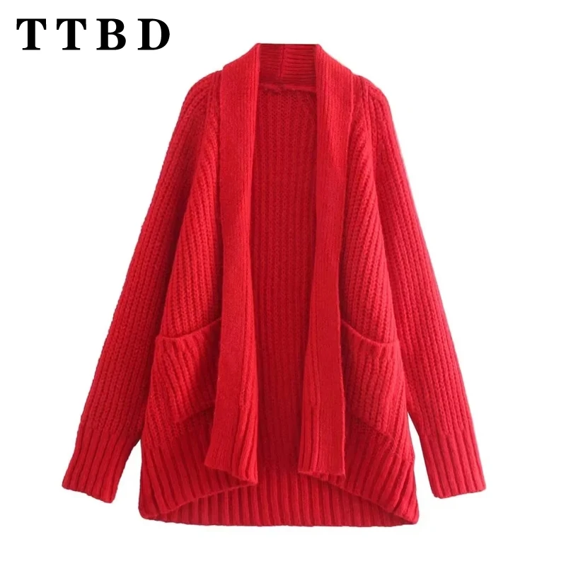 TTBD Woman's 2024 New Autumn Fashion Long Sleeve Pockets Knit Cardigan Top Women Clothing Casual V-Collar Solid Color Coat