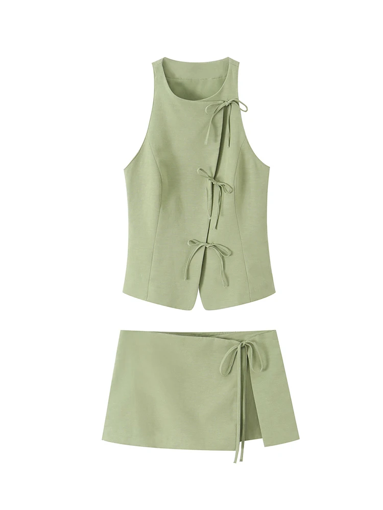 

TFMLN Summer Women Fashion Skirts Shorts 2 Piece Sets Chic Bow Lace Up Halter Neck Vest And Side Zipper Shorts Casual Lady Suit