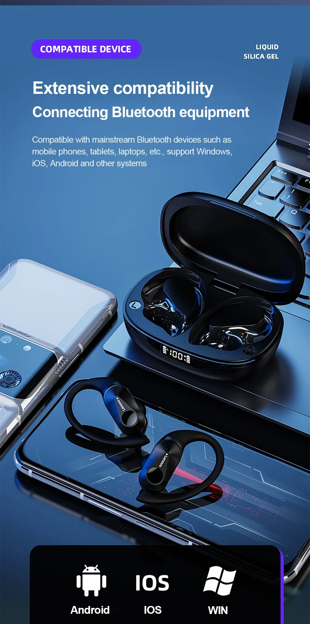 Lenovo LP75 Bluetooth-Headset, Sicherer Ohrbügel, Kabellose Ohrhörer, LED-Batterieanzeige, Ergonomisches Design, Kopfhörer für Outdoor-Aktivitäten – Detail 16