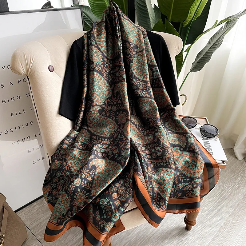 Popular Print 180X90CM Bandannas 2023 Europe And America Shawls Fashion Flower Long Silk Scarves Four Seasons Satin Beach Towel