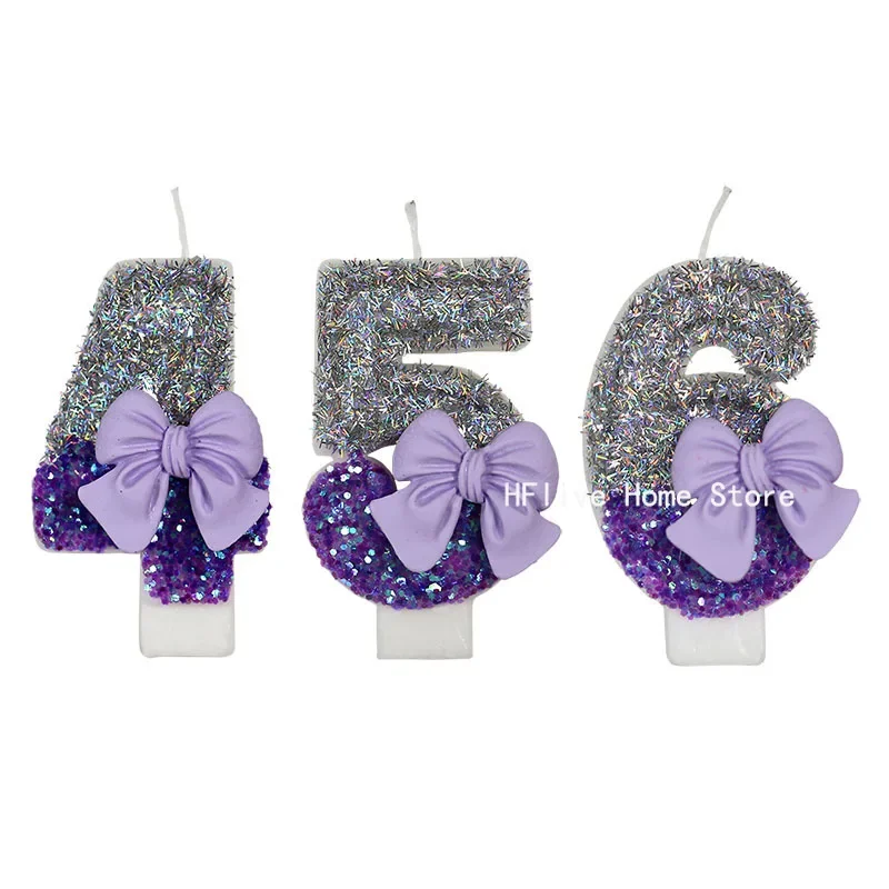 Purple Bow Children\'s Birthday Candles 0-9 Number Birthday Candles for Girls 1 Year Cake Topper Decoration