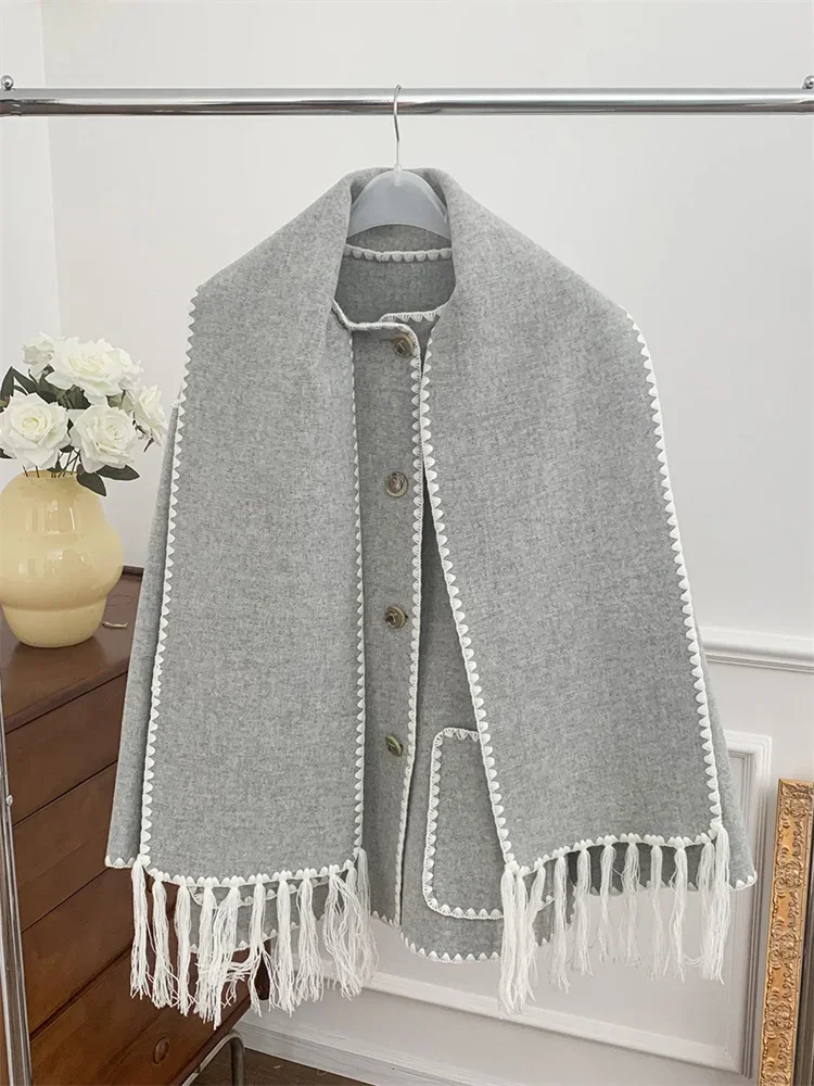 

Women Scarf Collar Woolen Coat Double Sided Fringe Loose Embroidery Trim Single Breasted Casual Jacket 2024 New Autumn