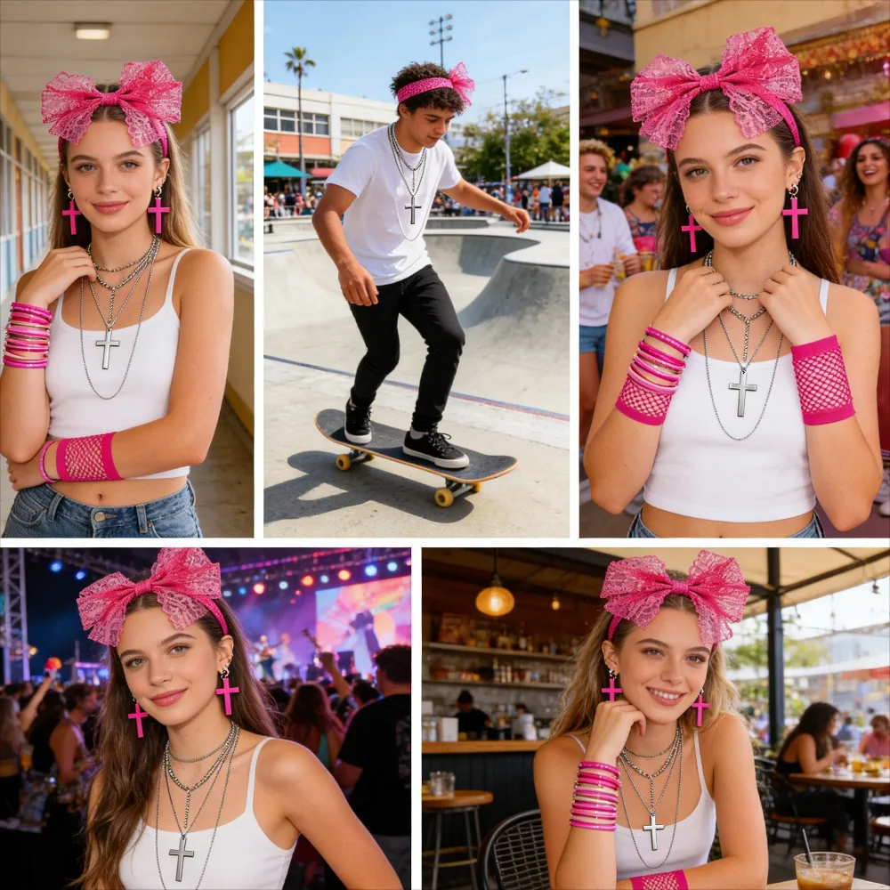 

Аксессуары для выпускного вечера в стиле ретро 1980-х годов - ожерелье с крестом, ажурные перчатки, повязка на голову, серьги, комплект