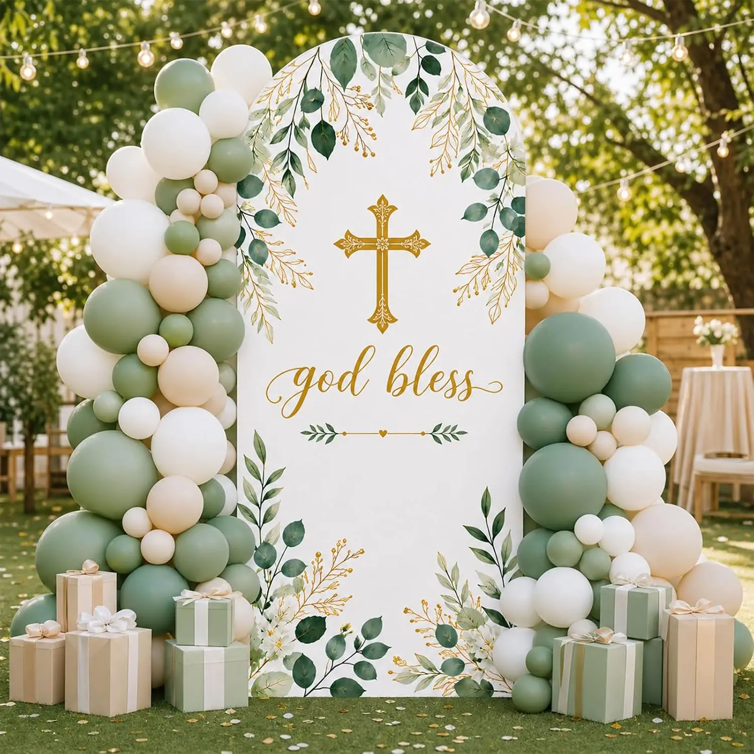 God Bless Arch Backdrop Cover First Holy Communion Party Banner Background Decor Custom 2-sided Religious Christening Photo Prop