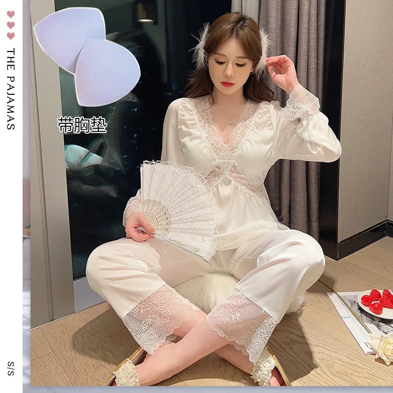 

Women's V-Neck Pajama Patchwork Lace Satin Pijama Set Long Sleeve Top Pants Sleepwear Loungewear