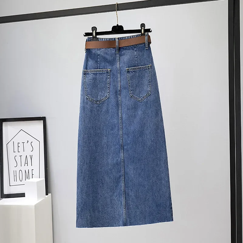 Embroidered High-Waisted Denim Skirt For Women Medium-Length 2023 Autumn New Slimming Side Slit Hip Covering A- Line Skirt Trend