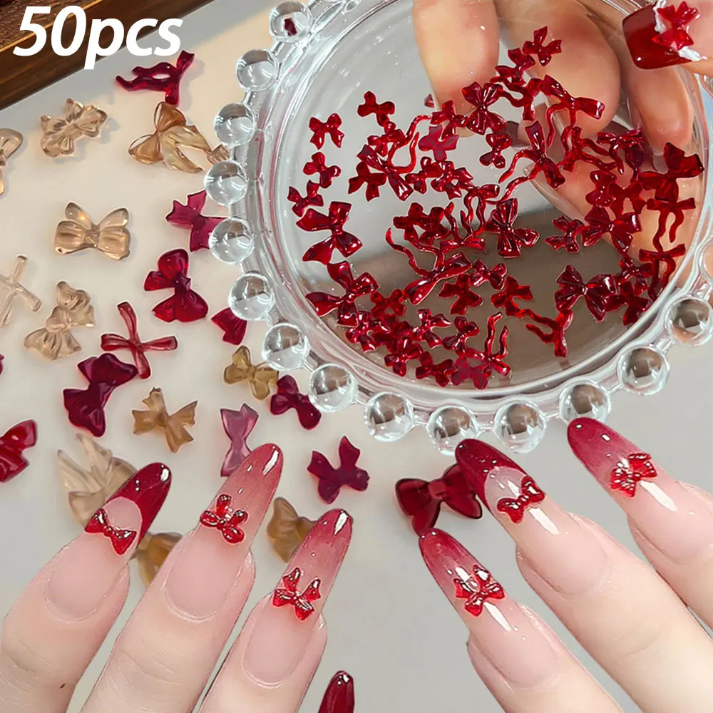 50pcs Mix 3D Resin Red Mini Bow Nail Charms Cute FlatBack Bowtie Ribbon Nail Gems Rhinestones Red Bowknot Manicure Supplies R#4u