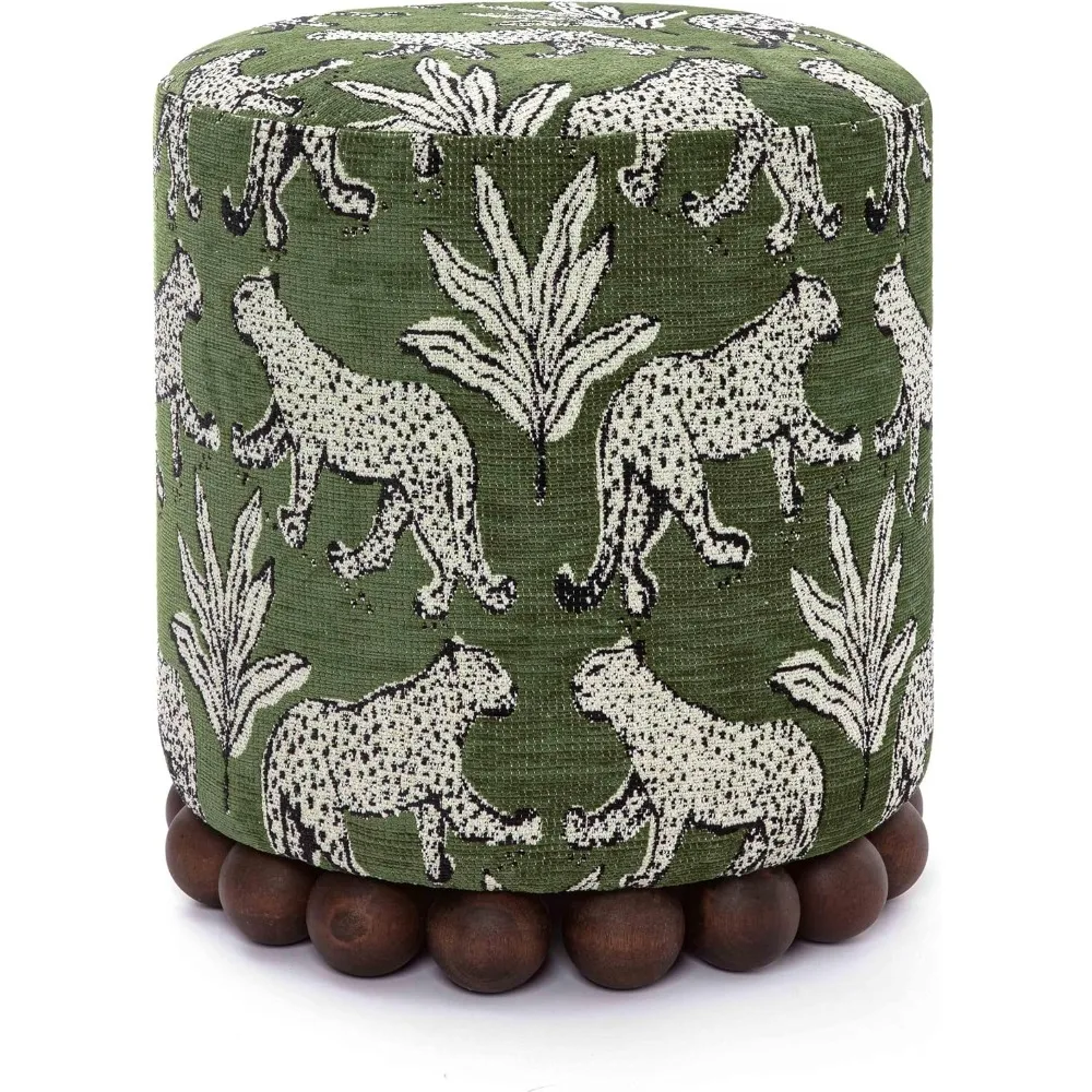 First of a Kind Ottoman Foot Rest - Olive Green Round Ottoman Stool with Solid Wood Spherical Orbs - 15.7