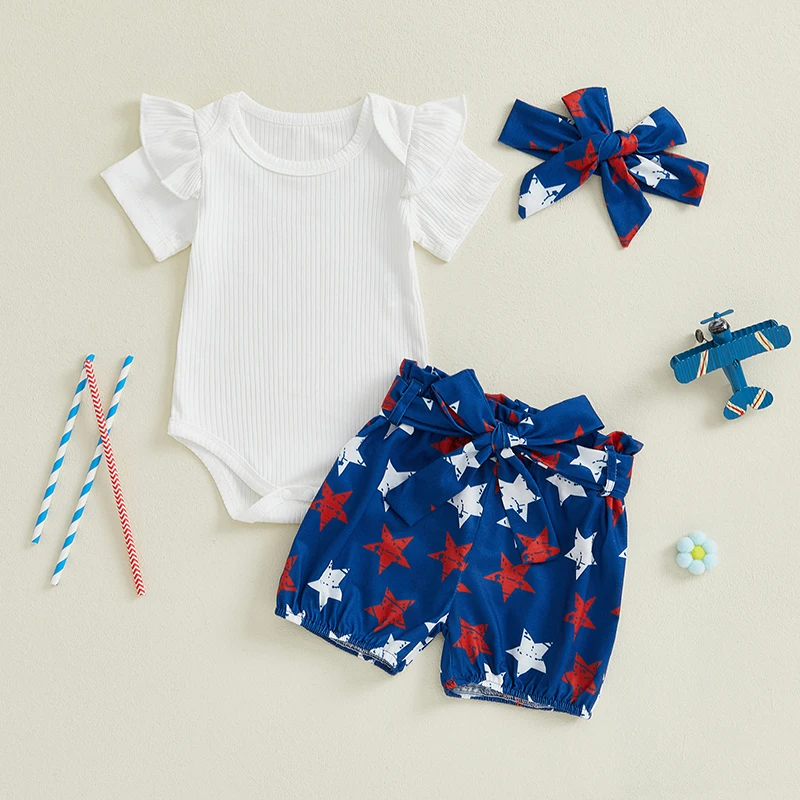 

2025-02-05 Lioraitiin Baby Girl Fourth of July Outfit Short Sleeve Romper + Belted Shorts + Headband Set Infant Clothes