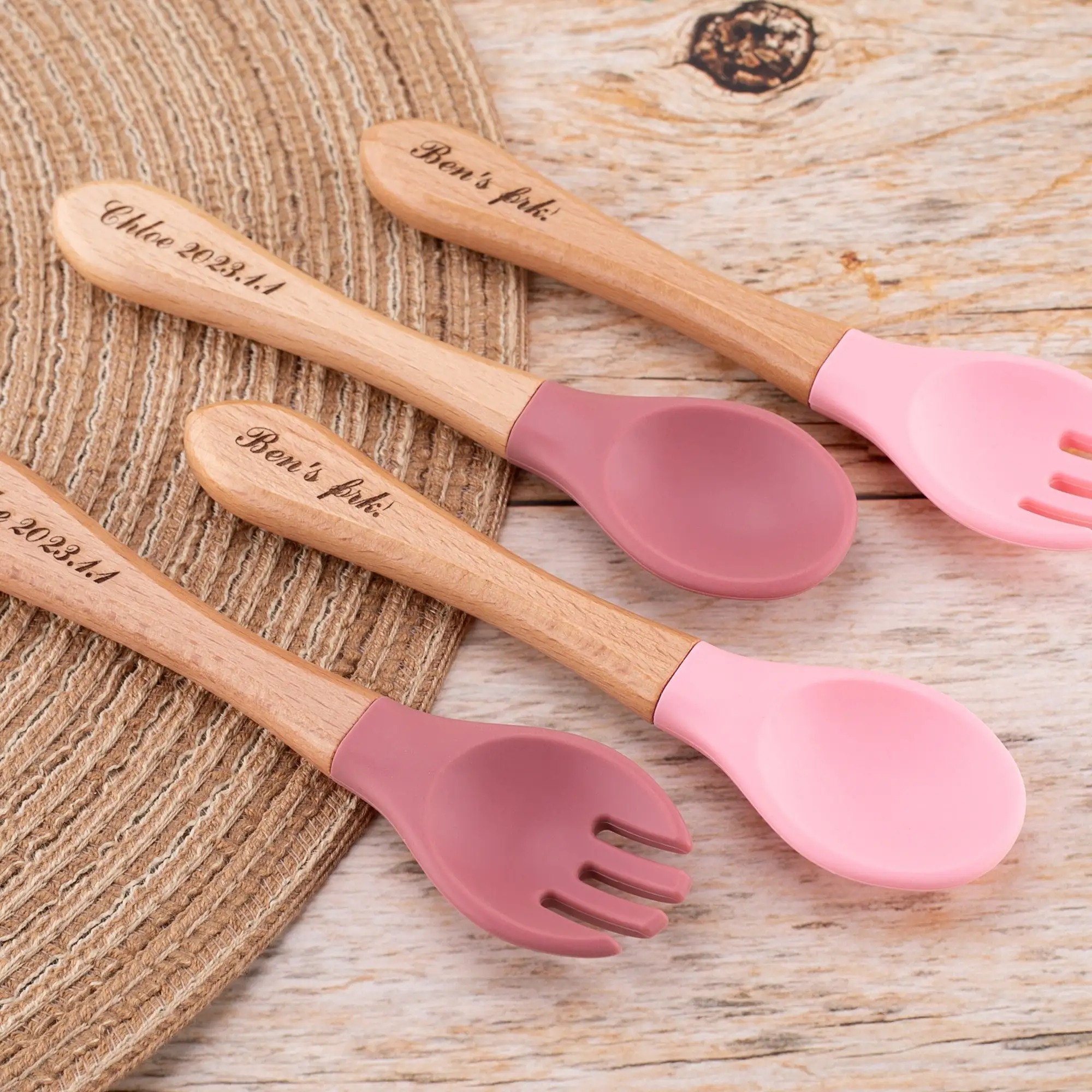 Personalised children\'s cutlery set Birth and Christmas gift Custom Wooden fork and spoon Newborn baby silicone meal set