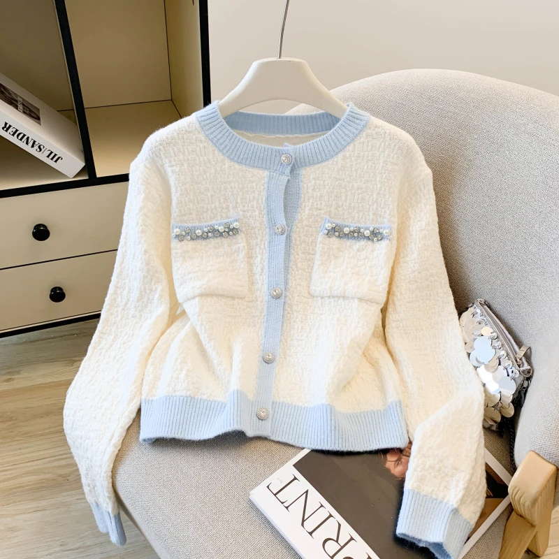 

2025, новинка, европейский, одежда, зима, свитер, шикарный, сексуальный, с круглым вырезом, пэчворк, карман, бриллианты, женский, с длинным рукавом, вязаный, кардиган, топы, 5906