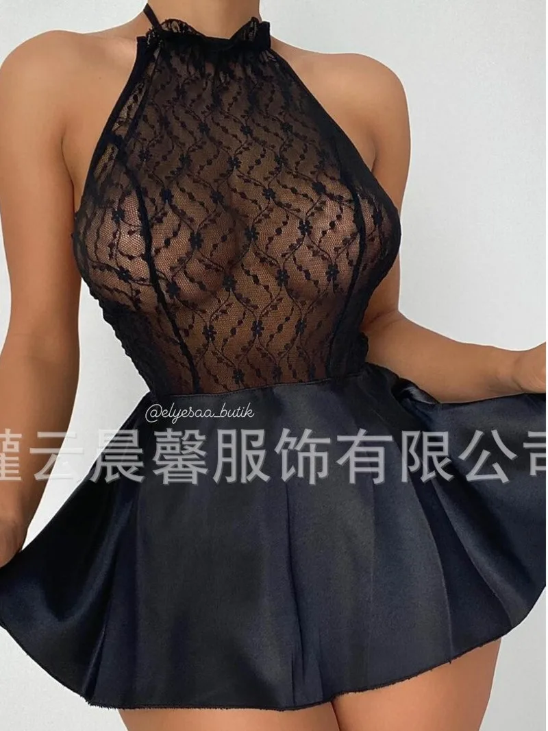 Sexy Solid Color Mesh Flower Print Dress Hanging Neck Backless Deep V Sleeveless Dress Charming Elegant Pure Desire Casual LBXC