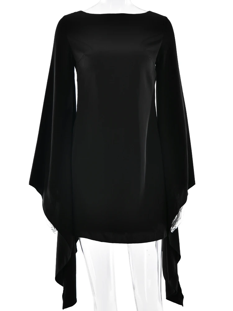 Oniflyme الساتان عارية الذراعين Bodycon فستان قصير المرأة الخريف الصلبة س الرقبة غير النظامية كم طويل سليم فساتين قصيرة أنيقة ملابس الحفلات