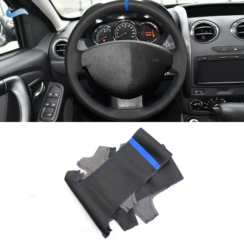 Car Steering Wheel Perforated Leather Cover with Blue Line Strip For Dacia Renault Duster 2010-2016 Dokker Lodgy Logan Sandero