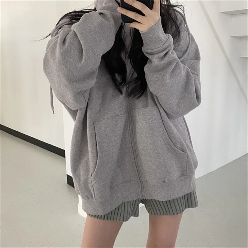 New Fashion Korean Women Winter Solid Color Fleeced Zip Up Plain Hooded Sweatshirt Coat Simple Baggy Pockets Hoodie Coat