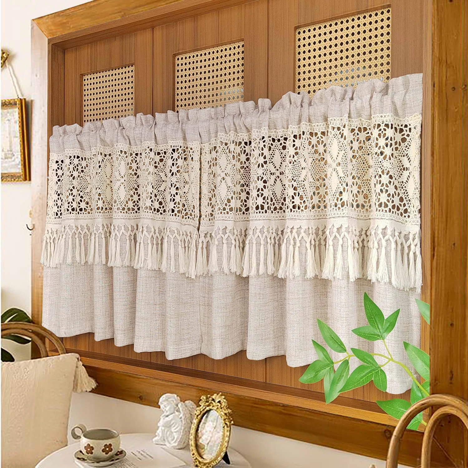 Cortinas de cocina bohemias de 1 panel, cortinas pequeñas recortadas de  ganchillo rústico para fundas de librería, cortina de café con bolsillo  superior para varillas / Textil de hogar, image size:1500x1500