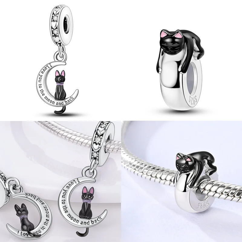 

925 Sterling Silver Charms Bead CZ Zircon Celtic Black Cat Dangle Fit Original Bracelet DIY Women Jewelry Gift