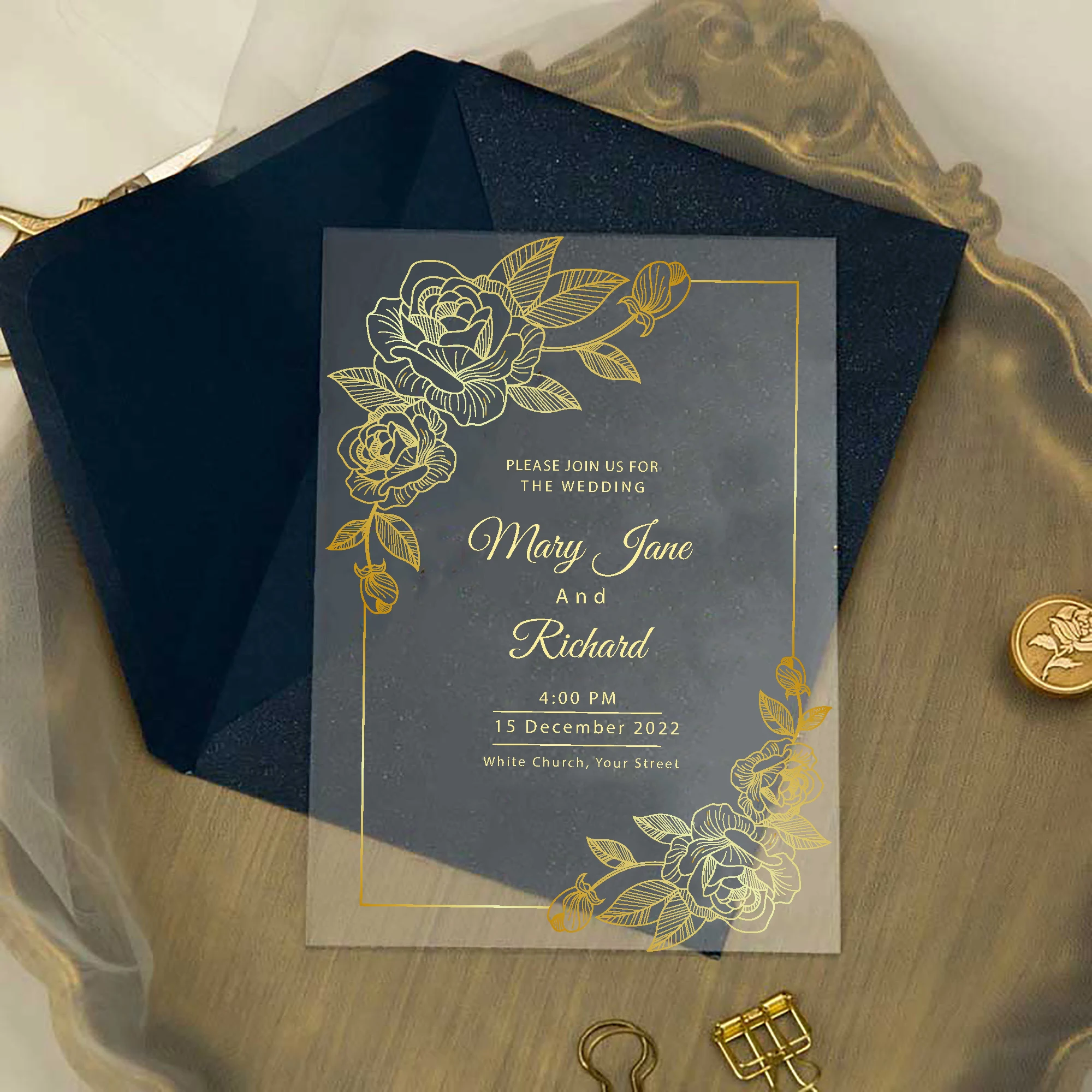 

Personalized Elegant Acrylic Wedding Invitation , PVCAcrylic Gold Invitations, Custom Acrylic Invitation, Luxury