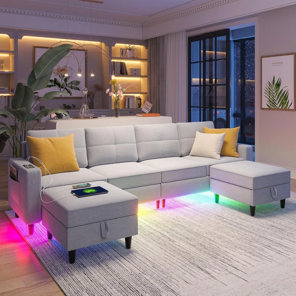 LED Oversized Segmented Sofa Living Room Set,U-shaped Sofa Living Room Set with Automatic Sensor RGB Lights and Charging Station