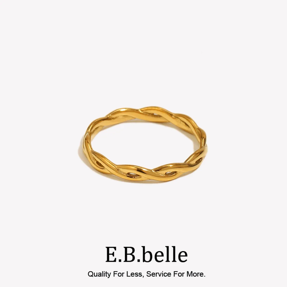 E.B.belle Super Minimalist Braided Twisted Thin Gold Rings For Lady Waterproof Stainless Steel 18K Gold Plated Girl's Ring