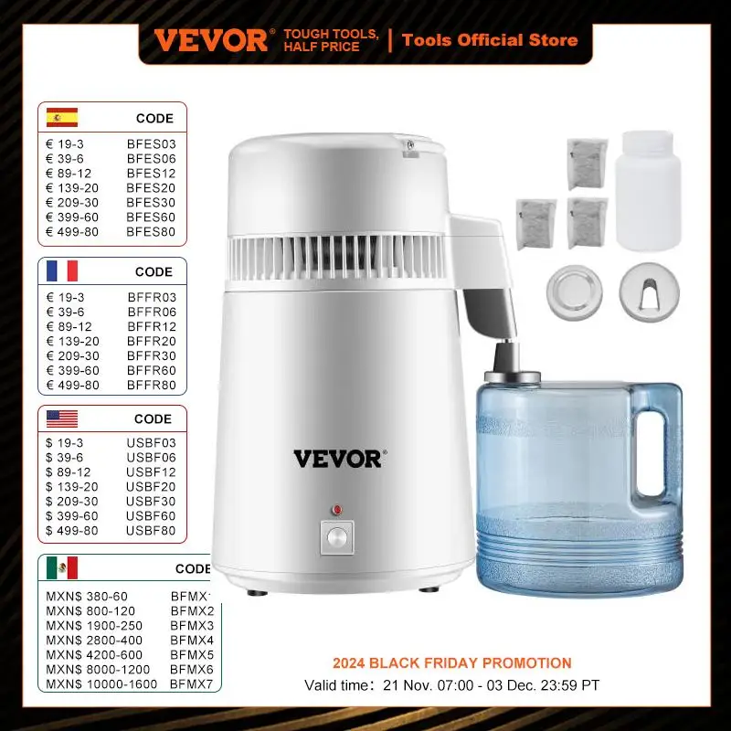 VEVOR Distillatore d'Acqua, 4 L 750 W Distillatore con Termometro Integrato, Distillatore d'Acqua Pura in Acciaio Inossidabile 304, Filtro Medico Purificatore