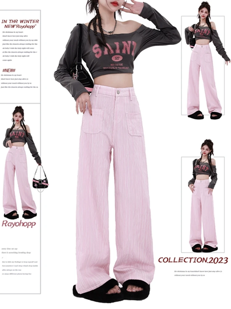 

Adorable Pink Vintage High Waist Wide Leg Jeans Back 2025 Spring Summer Slimming Exclusive Type Ladies Denim Trousers