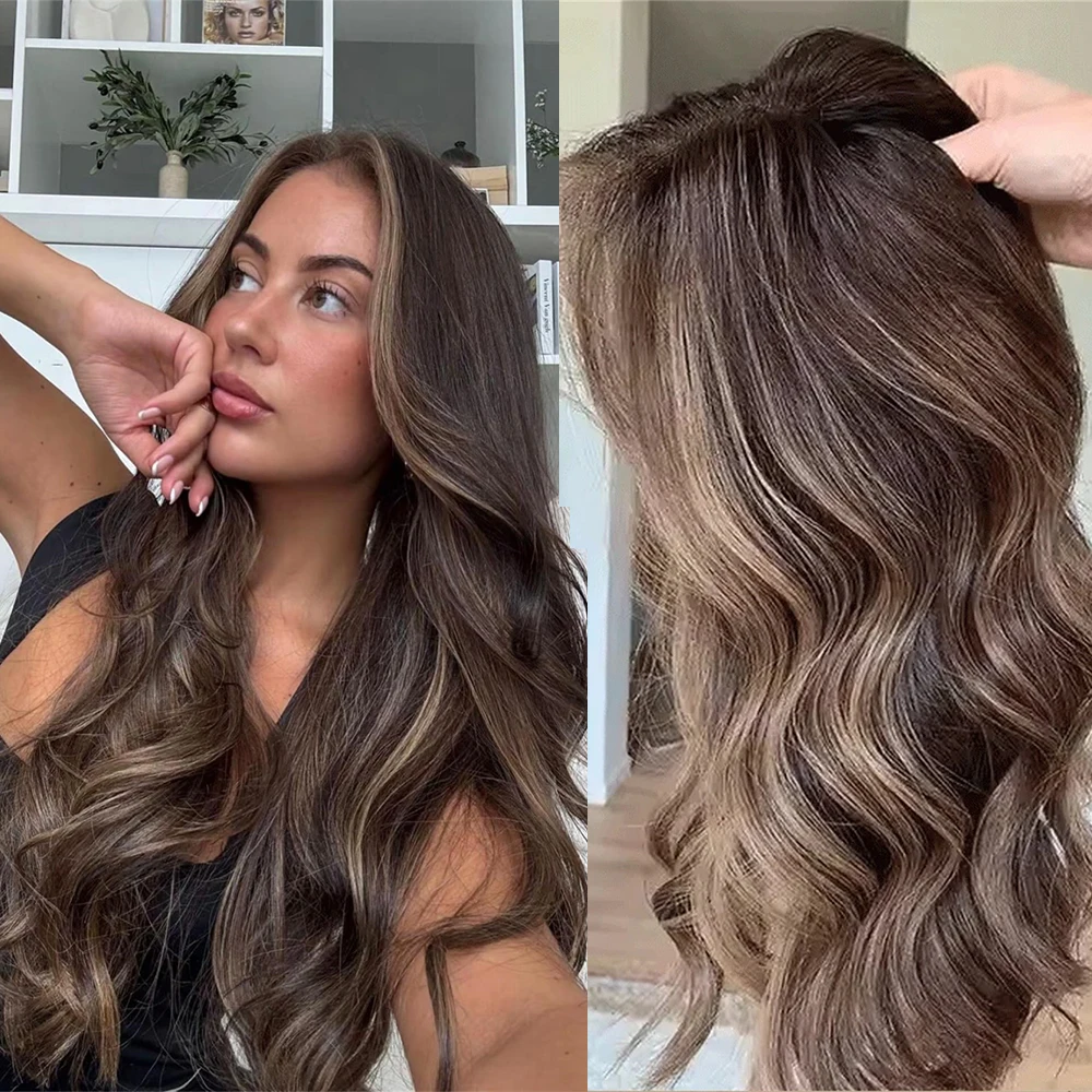 

Brunette Blonde Lace Wig Blonde Highlights Preplucked Hairline Long Wave 5% Human Hair Blend Wig for Women Cosplay Daily Party