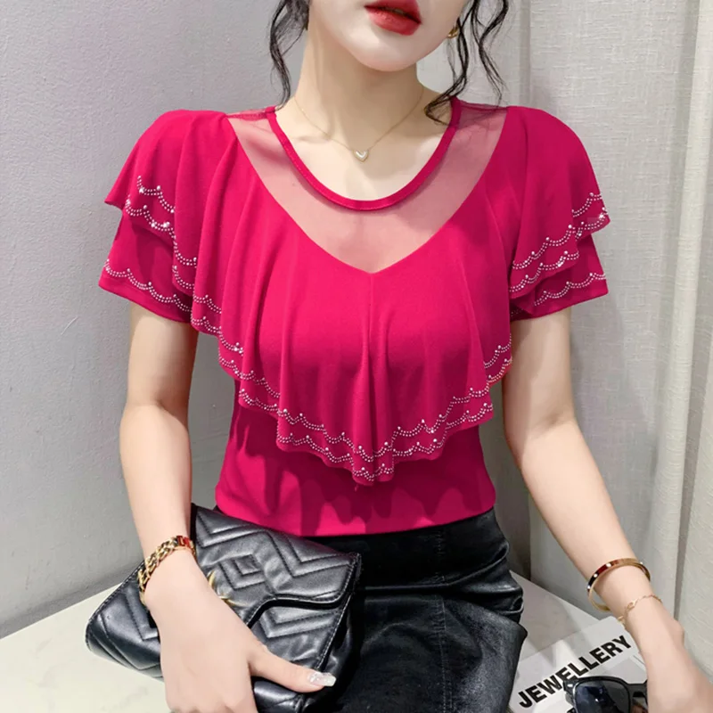 Summer New Short Sleeved O-Neck Women's Tops Fashion Casual Sexy Perspective Ruffles Mesh Tees M-3XL Diamond T-Shirt
