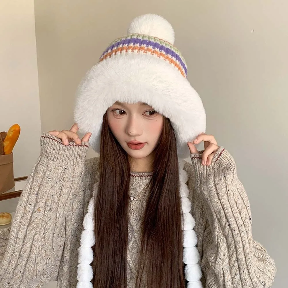 Fleece Lined Pompom Braids Hat Fur Brim Striped Knit Fleece Knit Beanie Soft Yarn Windproof Earflap Winter Cap Skiing