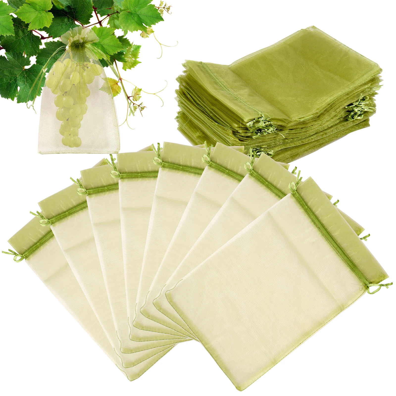 100Pcs Fruit Protection Bags Fine Mesh Organza Garden Netting Bags with Drawstring Breathable Reusable Mesh Fruit Bag