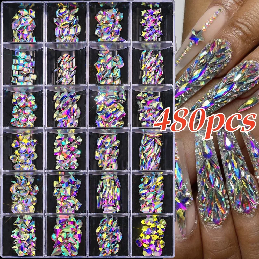 480pcs AB Flatback Mixed-Shaped Nail Art Charms 3D Aurora Sparkly Water Drop/Star/Heart Rhinestones Manicure Decor Gems Diamonds