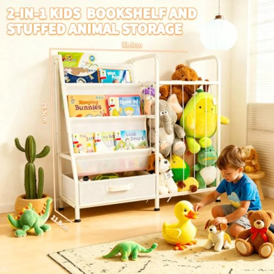 Large White 3Tier Bookshelf with Sling Shelves and Fabric Toy Chest for Playrooms Bedrooms and Nurseries Versatile Stuffed Anim