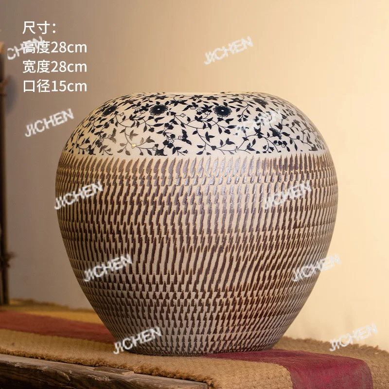 

Jingdezhen ceramic vases, living room flower arrangement and carving ornaments, retro floor-standing large earthenware jars