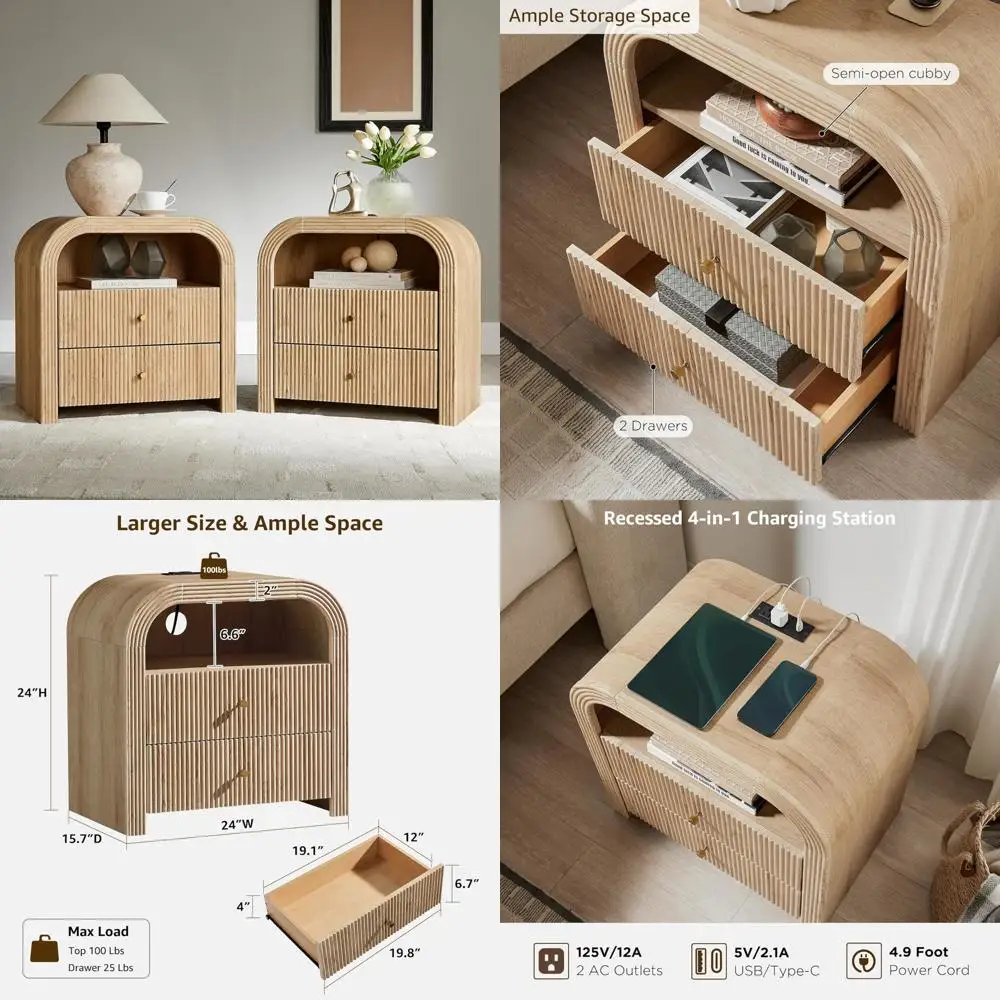 مجموعة كبيرة منضدة حديثة ذات درجين مع قاعدة شحن، تصميم مخدد، طاولات تخزين بجانب السرير لغرفة النوم #1