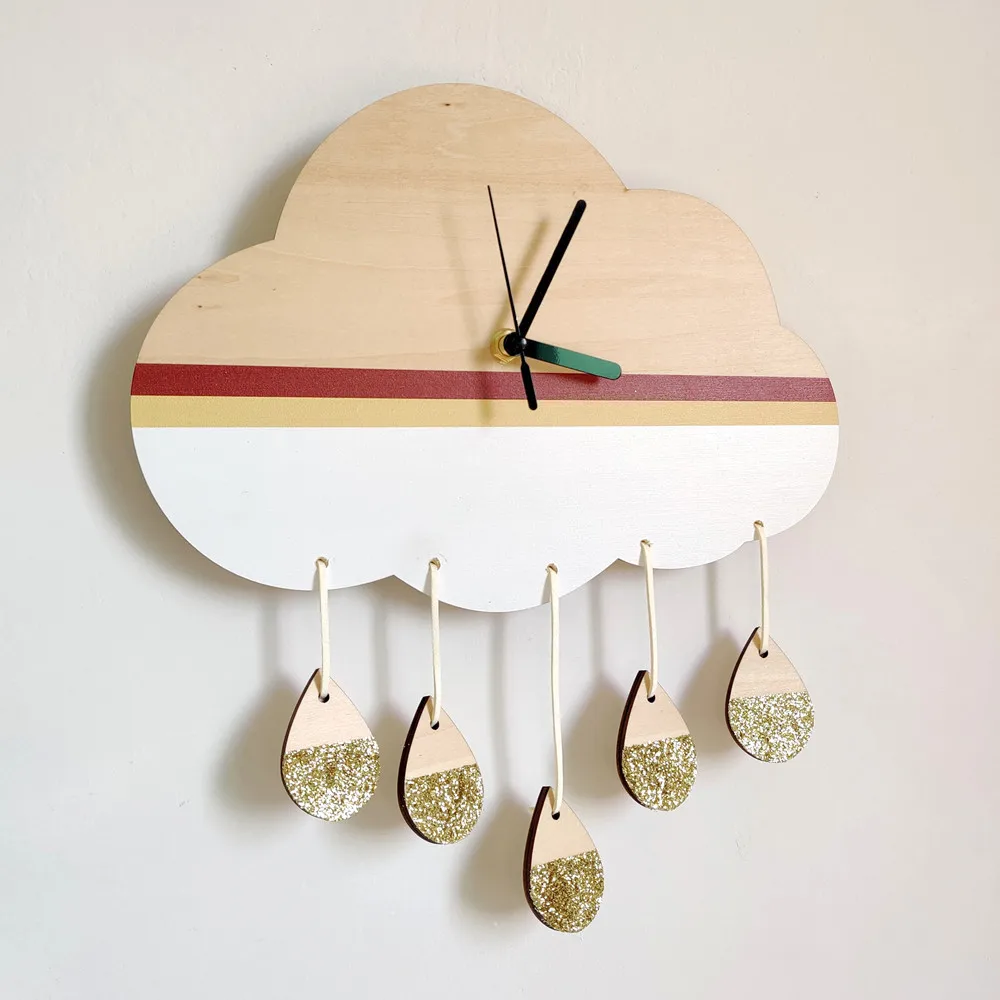 

Ins Nordic Wooden Clouds With Raindrops Wall Clock Children's Room Mute Clock Pendulum Clock Wooden Pattern Wall Clock
