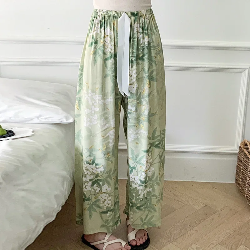 

Summer New Floral Printed Sleep Bottoms Women Pajama Pants Soft Viscose Lounge Trousers Elastic Waist Thin Home Wide Leg Pants