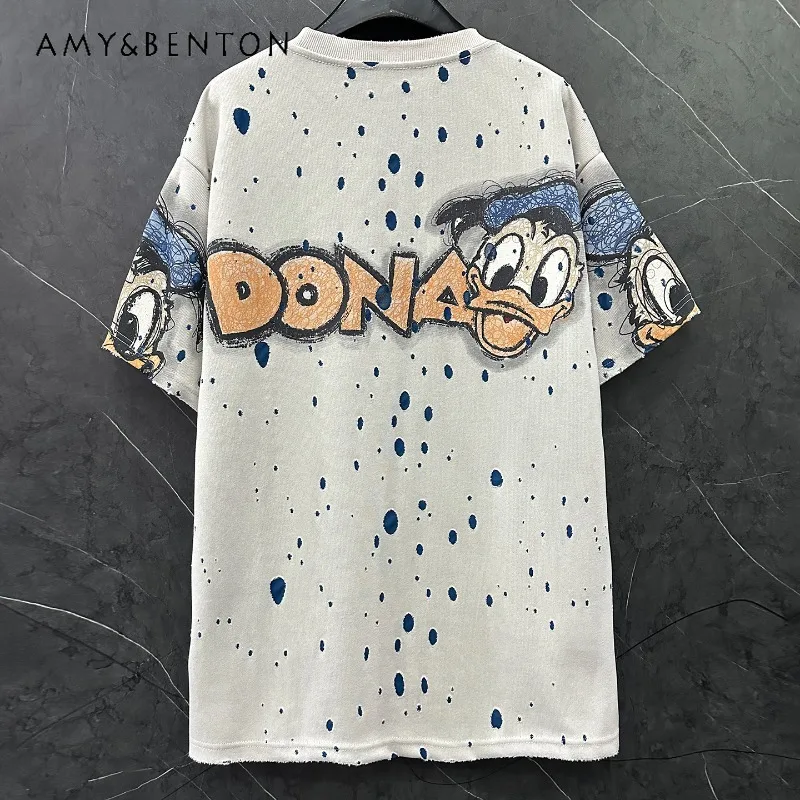 

Unique Design Distressed Cartoon Short Sleeved T-shirt For Ladies Loose Casual Versatile Top T-Shirt 2025 Autumn New Sweet Tees