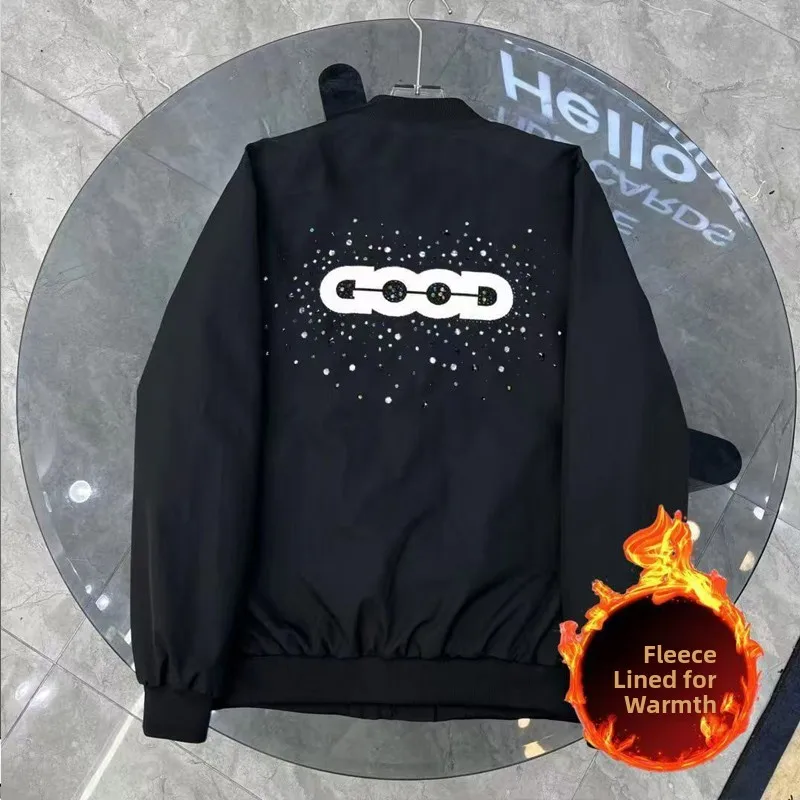 

Trendy Autumn Winter Fce Lined Baseball Jaet Diamond Studded Stand Collar Lightweight Luxury ex Zipper Closure Coat