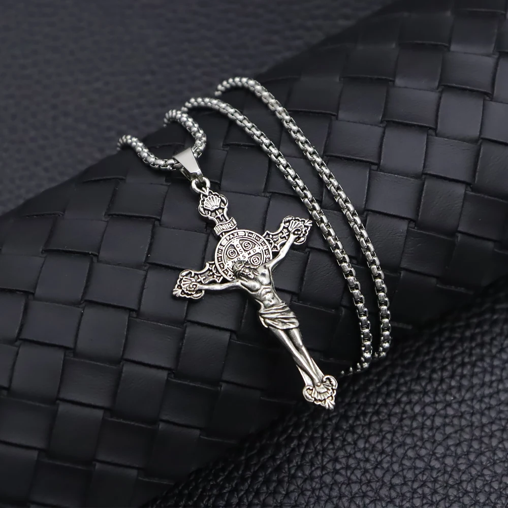 St Benedict Crucifix Necklace Vintage Jesus Cross Pendant Box Chain Necklaces Catholic Religious Jewelry for Men