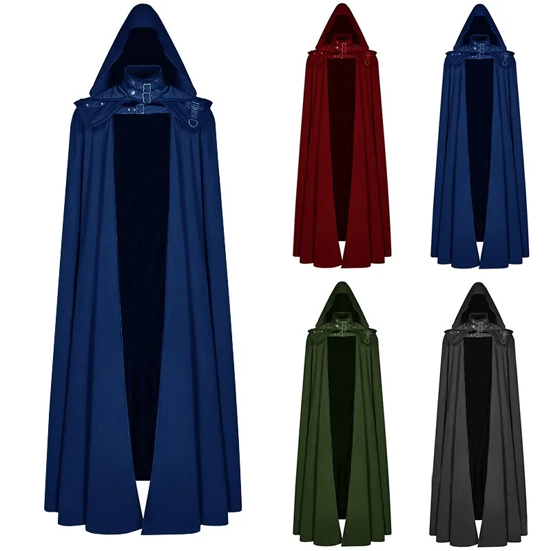 Medieval Cloak Hooded Coat Men Assassin Cosplay Costume Vintage Gothic Buckled Stand Collar Leather Shoulder Knights Maxi Cape