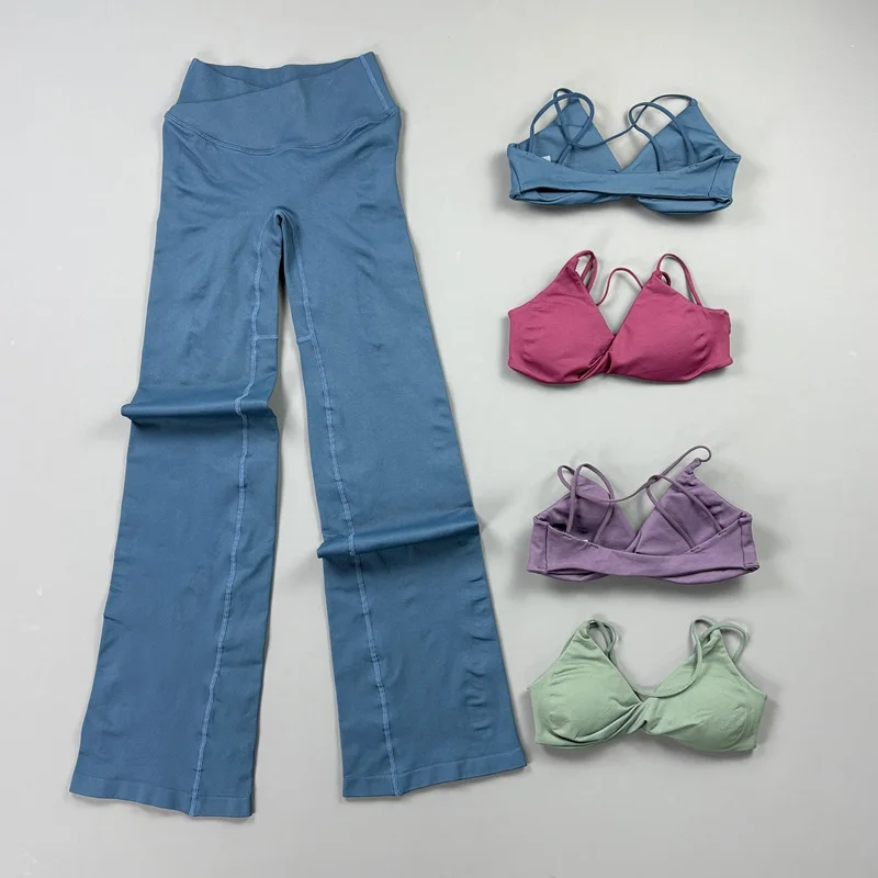 2Pcs Vision Flares Leggings Set Women Seamless Crossover Waist Flare Pants Open Back Halter Bra Sexy Yoga Top Workout Gym Sets