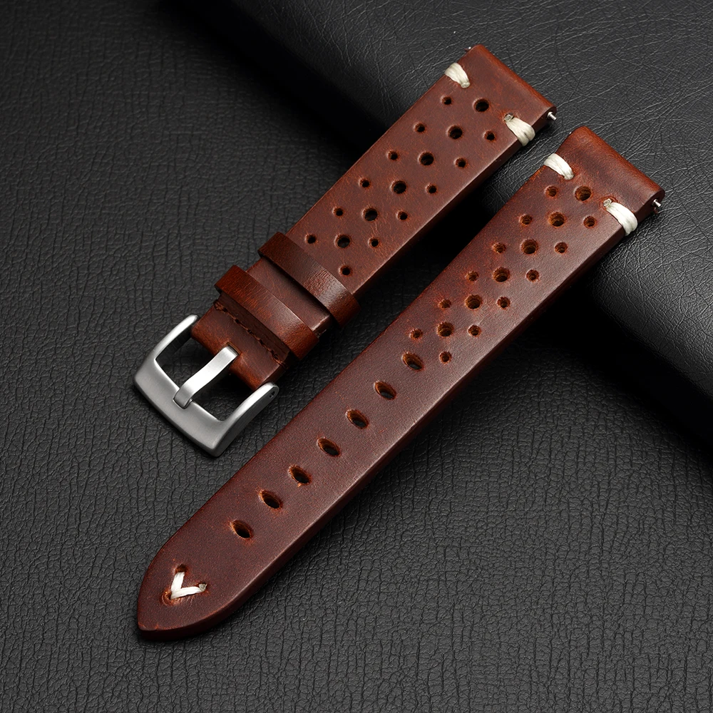 Vintage Italian Waxed Leather Watch Band 18mm 20mm 22mm Men Watch Leather Strap Belt Side Stitch Strap