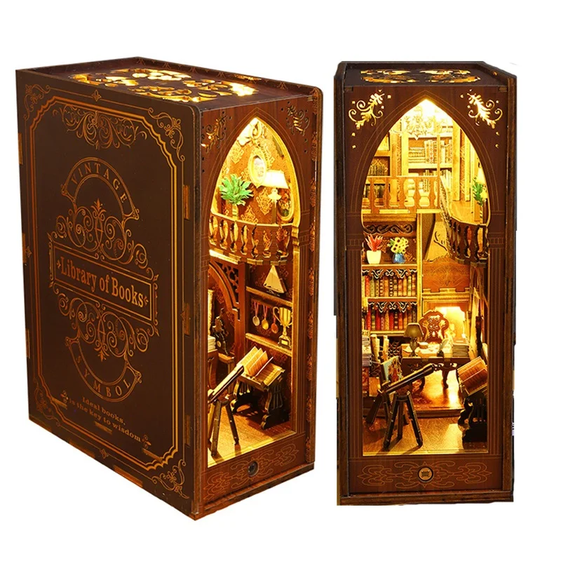 DIY książka Nook drewniany zestaw miniaturowy Model biblioteka książek podpanka zmontowana 3D Puzzle półka na książki wystrój domu prezenty bożonarodzeniowe dla dorosłych