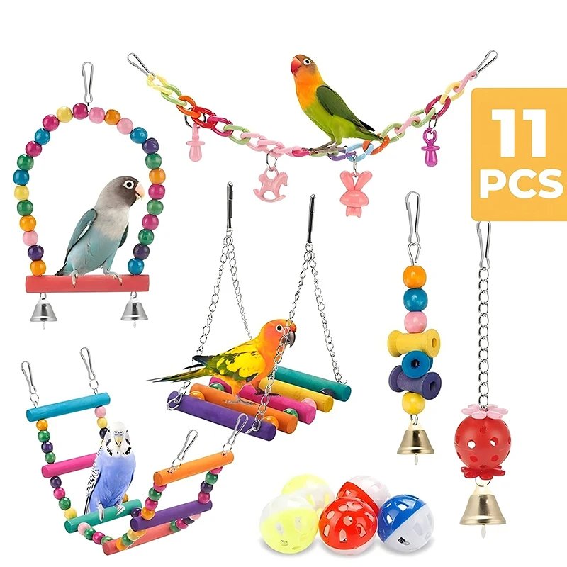 

11Pcs/7pcs Bird Cage Toys for Parrots Wood Birds Swing Reliable Chewable Bite Bridge Wooden Beads Shape Parrot Toy Bird Toys